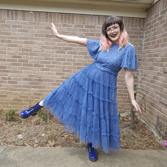 Ivy City Co Blue Anastasia Tiered Beaded Embellished Tulle Maxi Dress Formal - Picture 10 of 13